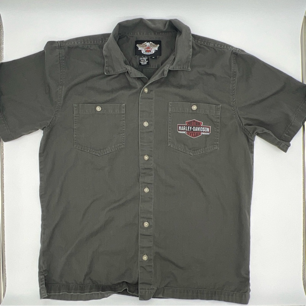 Harley Davidson Shirt Gray Button Down OIL REFINERY Motorcycle Mechanic Mens M